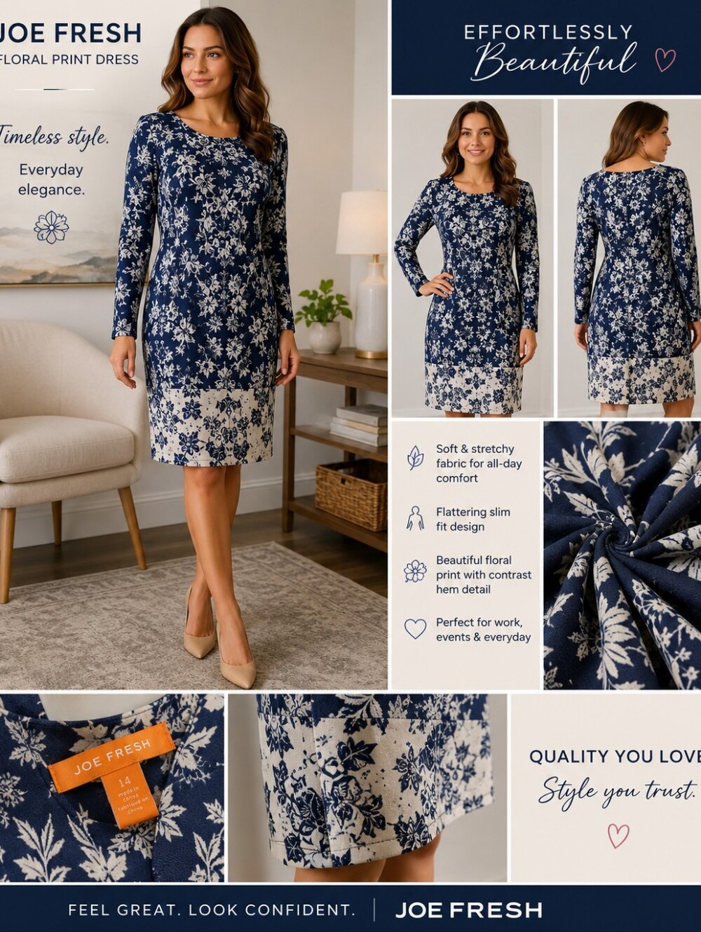 Joe Fresh Navy Floral Print Shift Dress Size 14 EUC